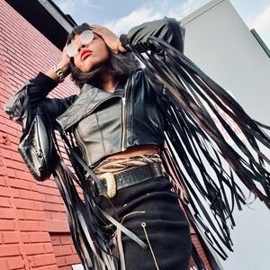 Black cropped fringe jacket